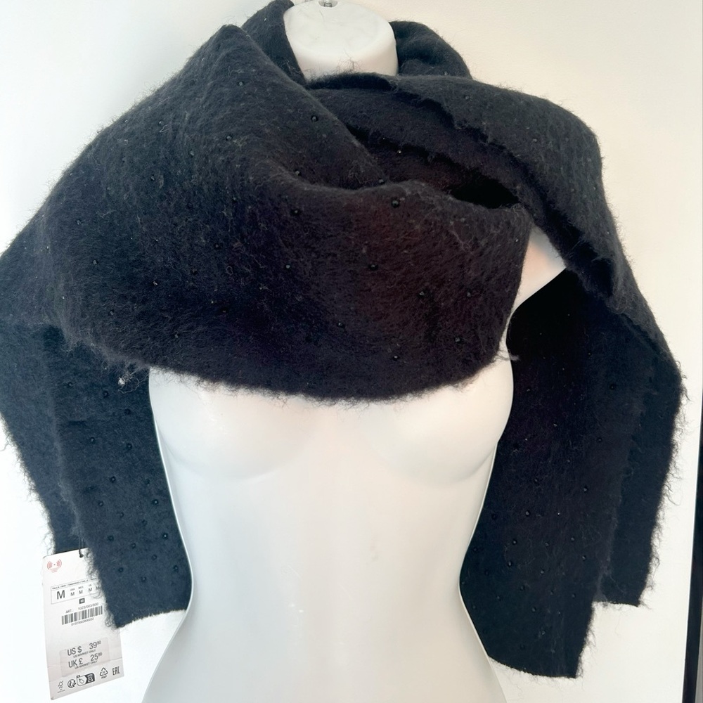 Zara Womens Shawl Wrap Scarf  40x80
Black with Black Rhinestones Knit Fabric NWT